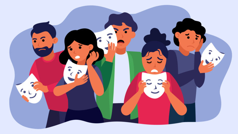 personnages avec masques rapport étroit entre santé et émotions